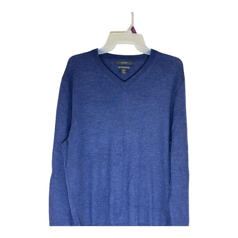 Tahari V-Neck Sweater Mens Large Blue 100% Extrafine Merino Wool Knit Pullover